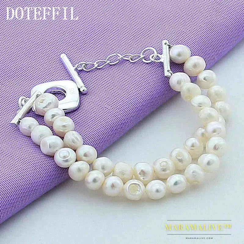 Natural Freshwater Pearl Double Chain 925 Sterling Silver Bracelet For Women Wedding Engagement Party Jewelry