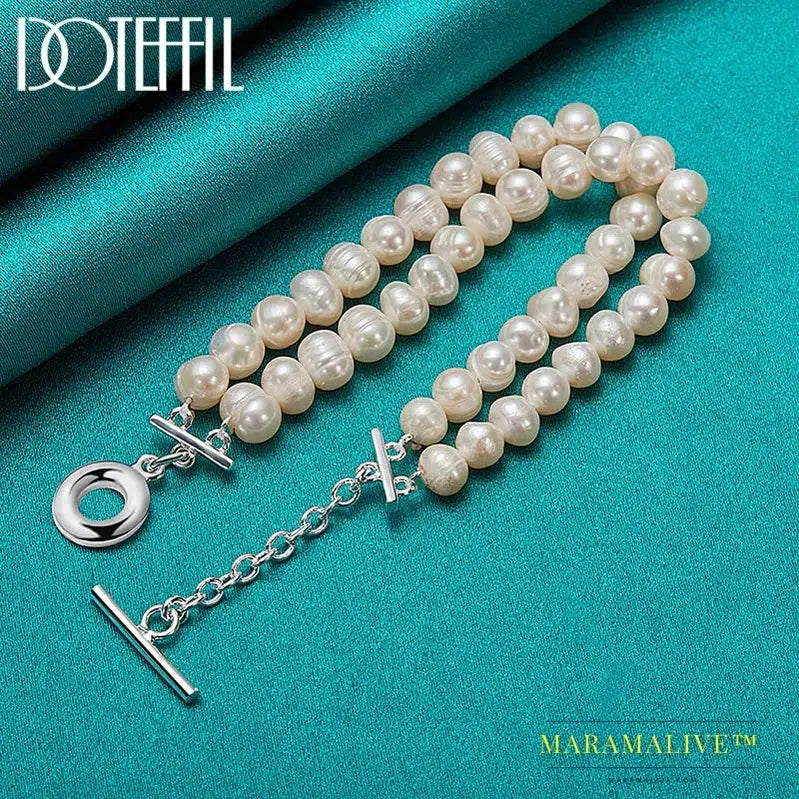 Natural Freshwater Pearl Double Chain 925 Sterling Silver Bracelet For Women Wedding Engagement Party Jewelry