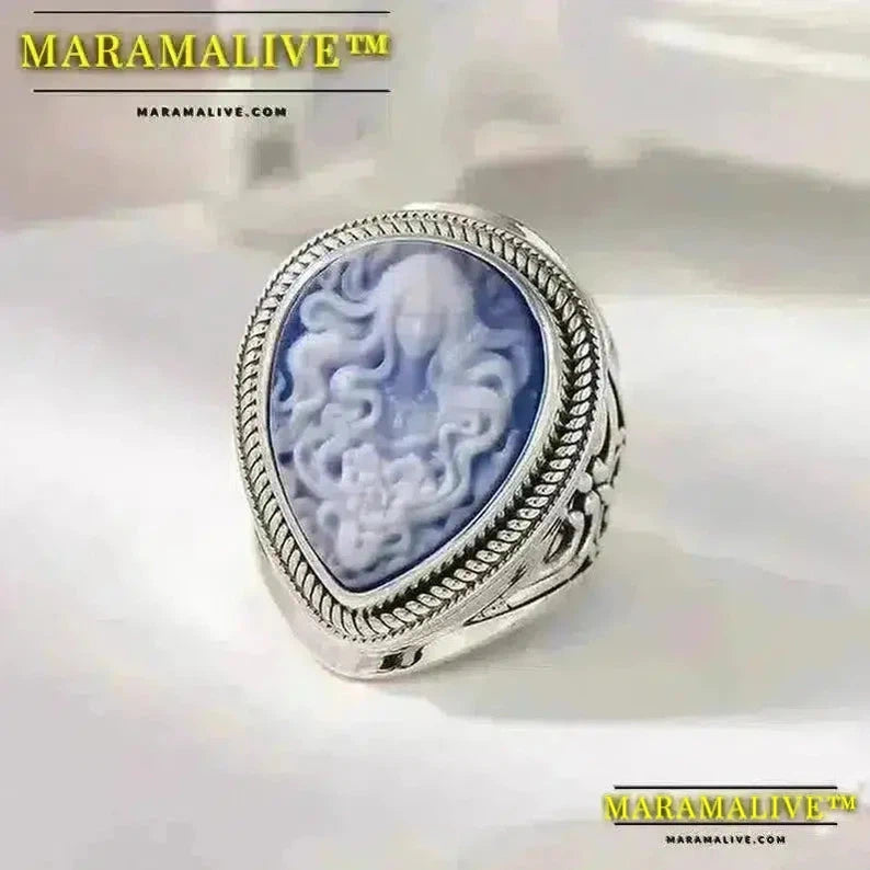 Natural blue Onyx Medusa ring white shell cameo water drop goddess big rings for women fine jewelry