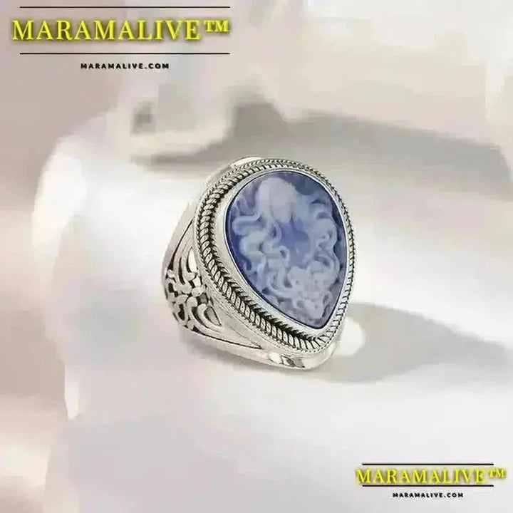 Natural blue Onyx Medusa ring white shell cameo water drop goddess big rings for women fine jewelry