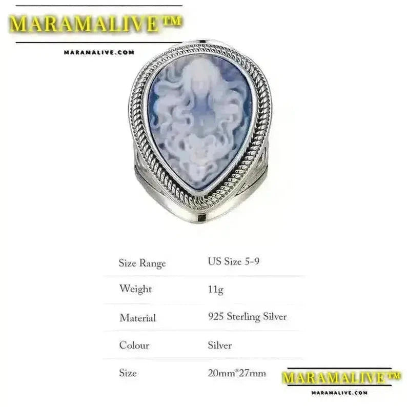 Natural blue Onyx Medusa ring white shell cameo water drop goddess big rings for women fine jewelry