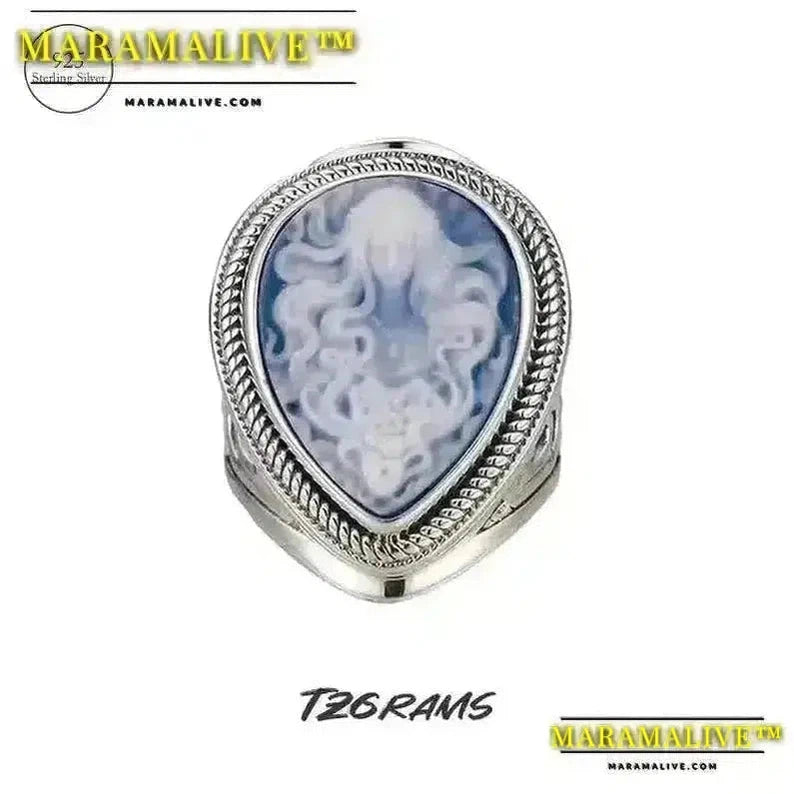 Natural blue Onyx Medusa ring white shell cameo water drop goddess big rings for women fine jewelry