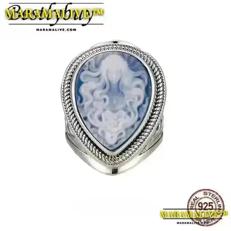 Natural blue Onyx Medusa ring white shell cameo water drop goddess big rings for women fine jewelry