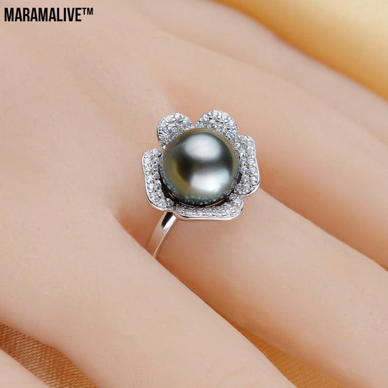 Near Round Tahiti Black Pearl Ring 9-10mm Ring 925 Silver Seawater Pearl Pearl Ring