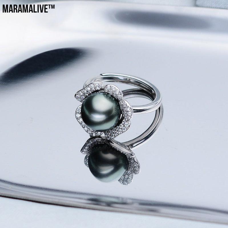 Near Round Tahiti Black Pearl Ring 9-10mm Ring 925 Silver Seawater Pearl Pearl Ring