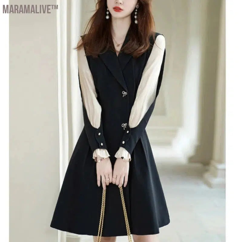 New Autumn/Winter Edition Minimalist Elegant Dress Long Sleeve V-neck Spliced Button Women's Medium Length Dress