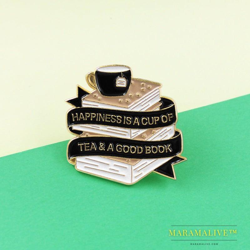 New Black White Ribbon Book Coffee Cup Brooch Creative Cartoon Jewelry Korean Tide Student Children Tide Gift Pins