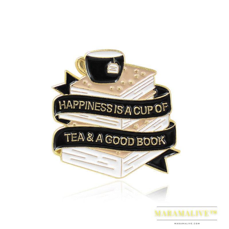 New Black White Ribbon Book Coffee Cup Brooch Creative Cartoon Jewelry Korean Tide Student Children Tide Gift Pins