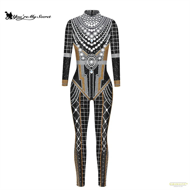 New Cosplay Costumes for Woman 3D Digital Printing Black Long Sleeves Jumpsuit Elastic Slim Bodysuit