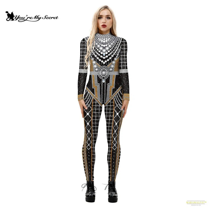 New Cosplay Costumes for Woman 3D Digital Printing Black Long Sleeves Jumpsuit Elastic Slim Bodysuit