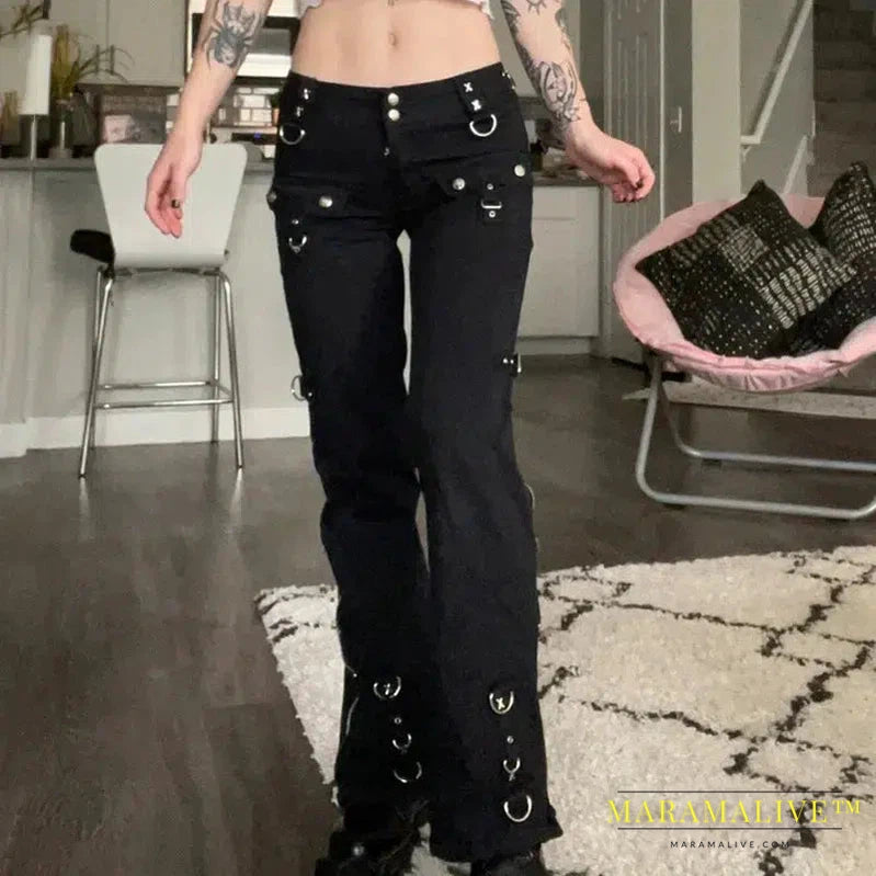 New Dark Punk Y2k Grunge Low Waist Emo Jeans Mall Gothic Women Black Patchwork Electro Pants Fashion Streetwear Alt Clothes