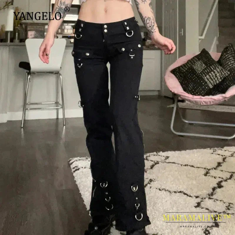 New Dark Punk Y2k Grunge Low Waist Emo Jeans Mall Gothic Women Black Patchwork Electro Pants Fashion Streetwear Alt Clothes