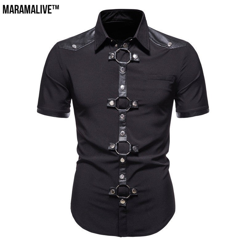 New European And American Men's Gothic Style Rivet Leather Patchwork Short-sleeved Shirt Simple Fashion Costume