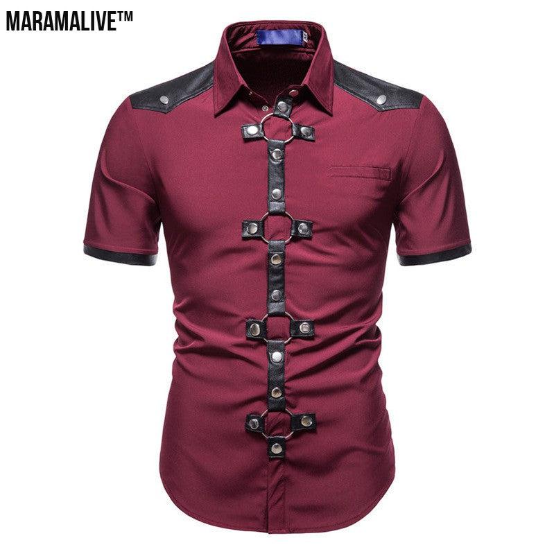 New European And American Men's Gothic Style Rivet Leather Patchwork Short-sleeved Shirt Simple Fashion Costume