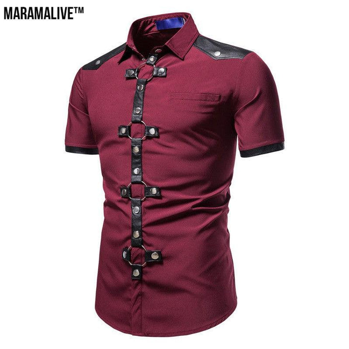 New European And American Men's Gothic Style Rivet Leather Patchwork Short-sleeved Shirt Simple Fashion Costume