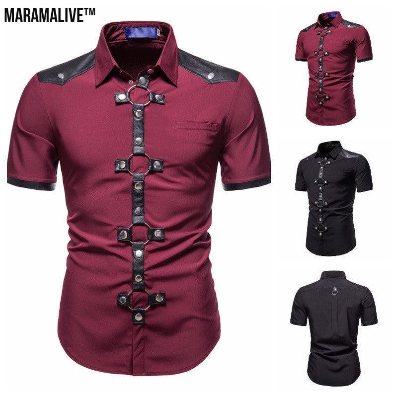 New European And American Men's Gothic Style Rivet Leather Patchwork Short-sleeved Shirt Simple Fashion Costume