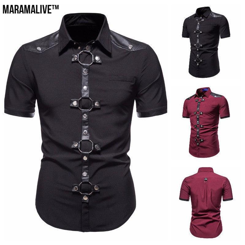 New European And American Men's Gothic Style Rivet Leather Patchwork Short-sleeved Shirt Simple Fashion Costume