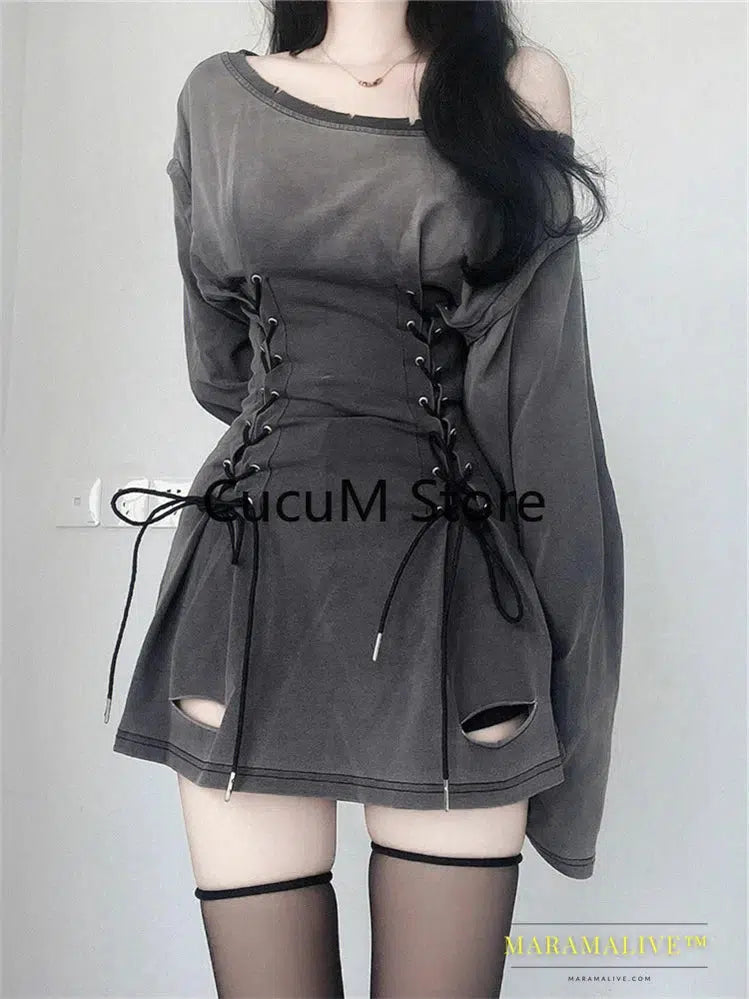 New Fairycore Grunge Goth Corset Dress Women Aesthetic Streetwear Bandage Slim Bodycon Dress Y2k 90s Indie Clothes