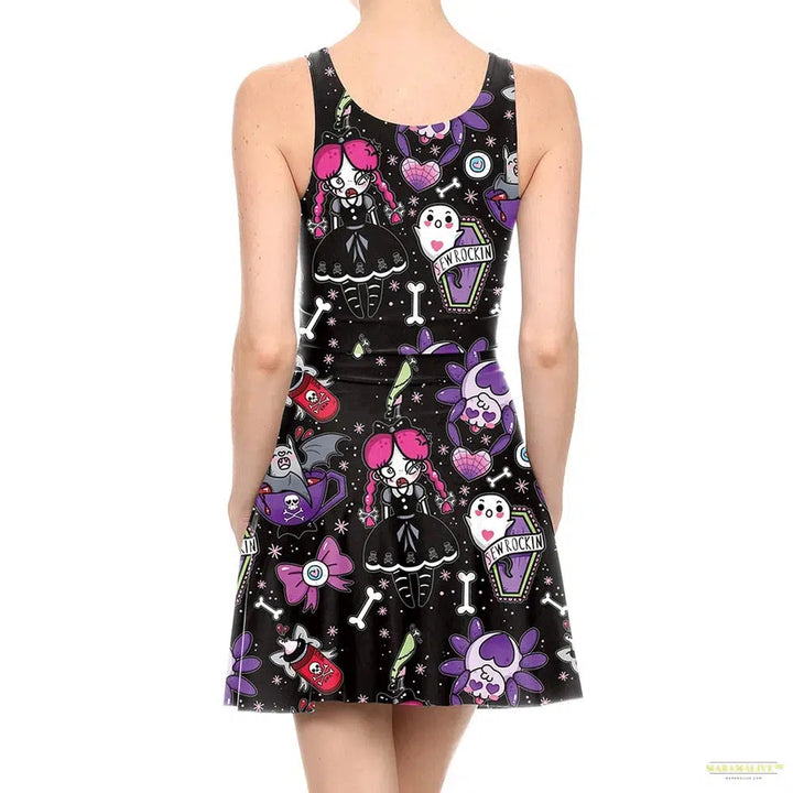 New Fashion Halloween Dress Wizard Full Print Purple Black Digital Sexy Party Wear Women's Tank Dresses