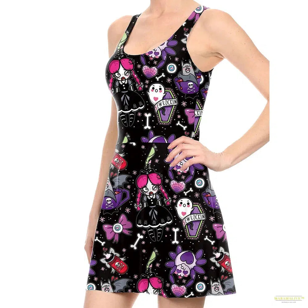 New Fashion Halloween Dress Wizard Full Print Purple Black Digital Sexy Party Wear Women's Tank Dresses