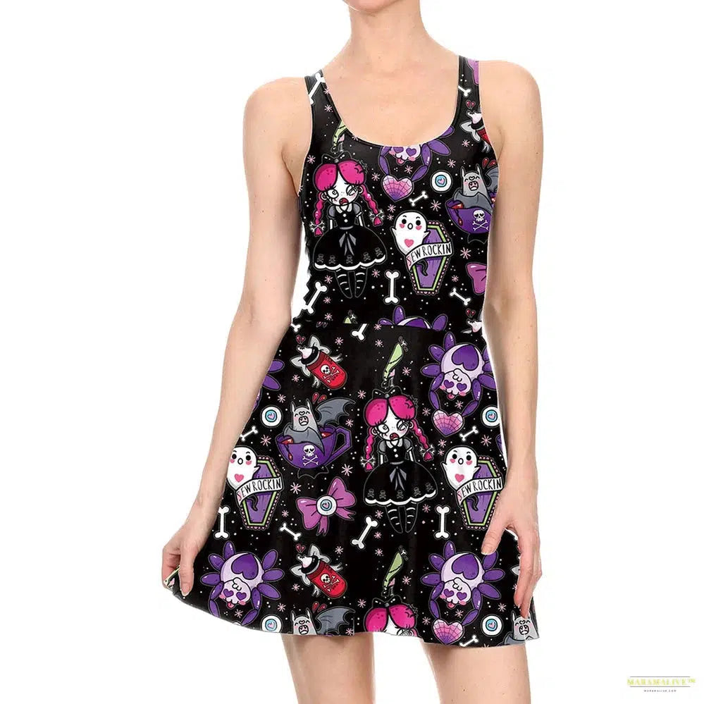 New Fashion Halloween Dress Wizard Full Print Purple Black Digital Sexy Party Wear Women's Tank Dresses