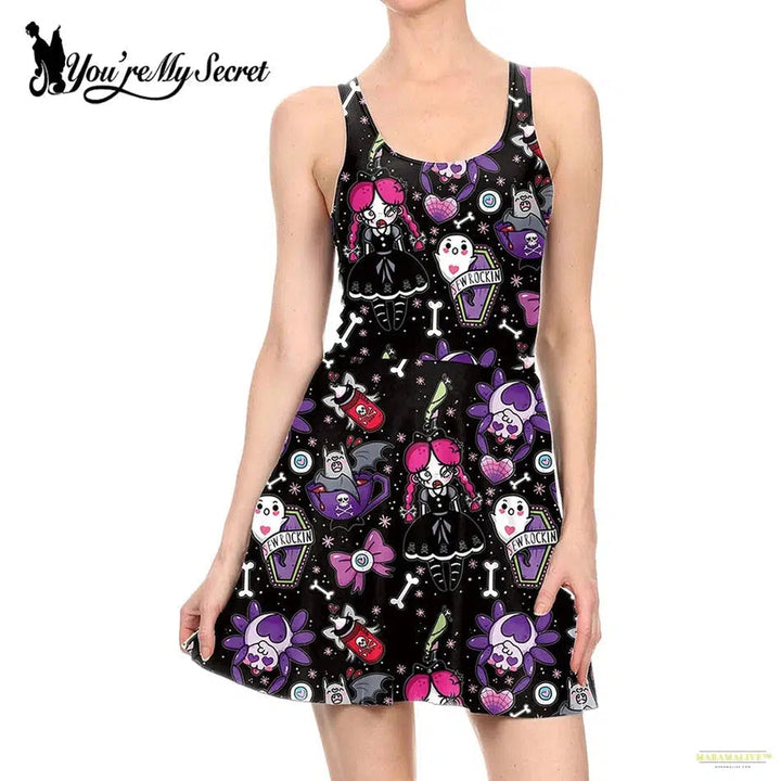 New Fashion Halloween Dress Wizard Full Print Purple Black Digital Sexy Party Wear Women's Tank Dresses