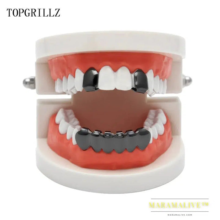 New Fit Hip Hop Rose Gold Color Plated Mouth Grillz Set 2 pcs Single Top & 6 teeth Bottom Set Black Gun Grills