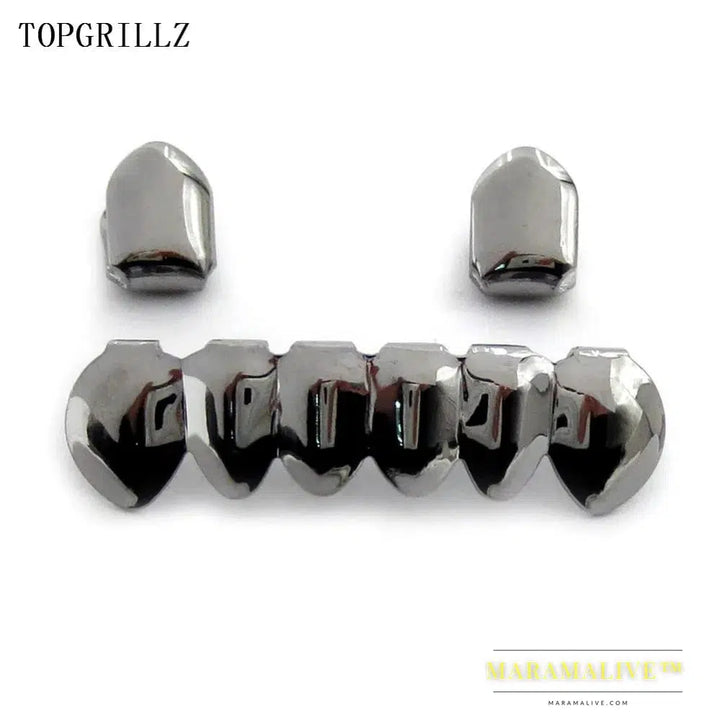 New Fit Hip Hop Rose Gold Color Plated Mouth Grillz Set 2 pcs Single Top & 6 teeth Bottom Set Black Gun Grills