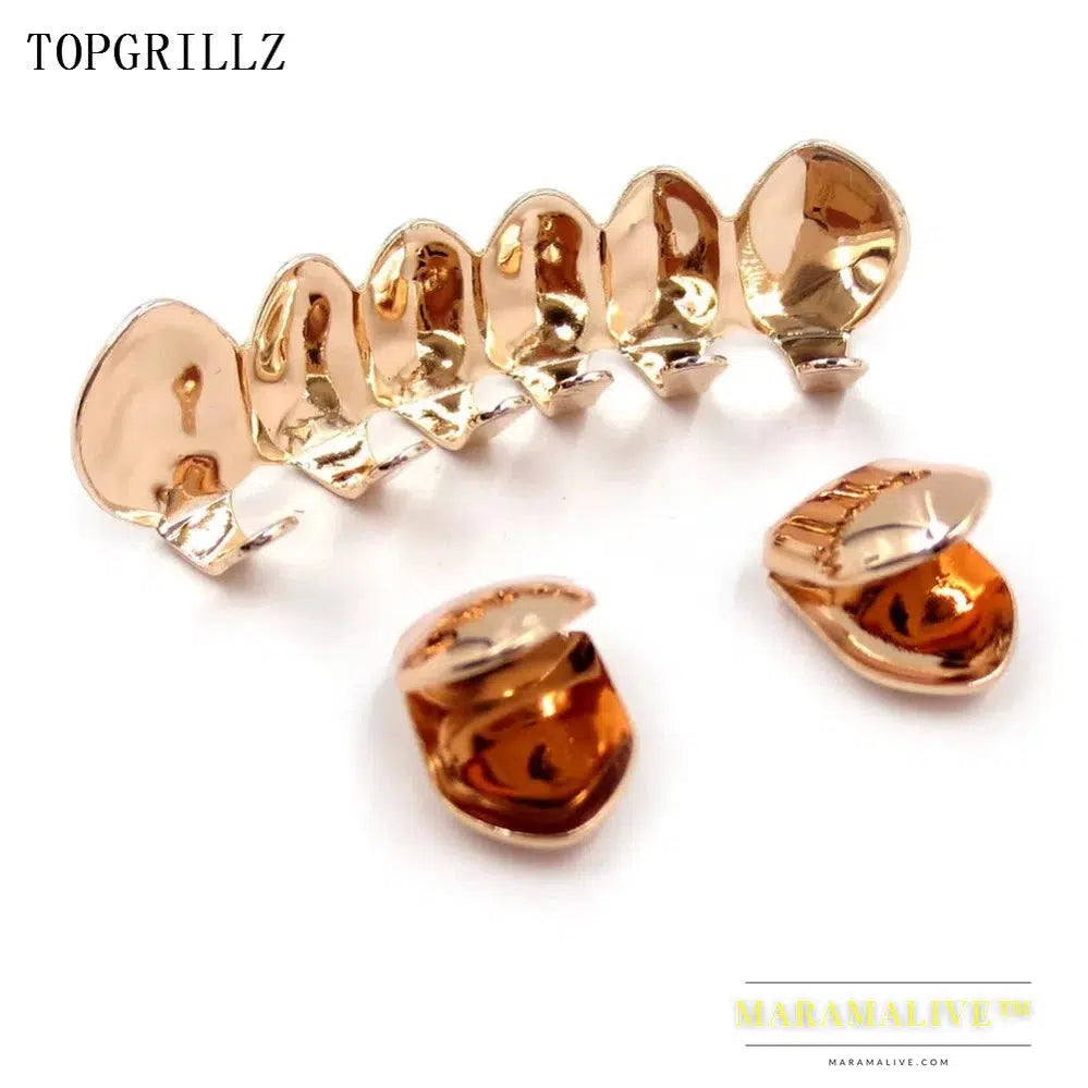 New Fit Hip Hop Rose Gold Color Plated Mouth Grillz Set 2 pcs Single Top & 6 teeth Bottom Set Black Gun Grills