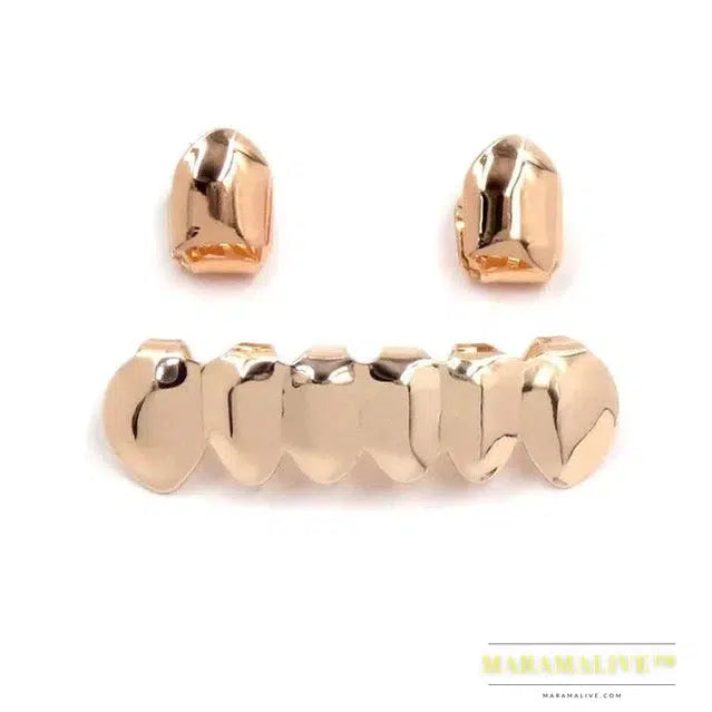 New Fit Hip Hop Rose Gold Color Plated Mouth Grillz Set 2 pcs Single Top & 6 teeth Bottom Set Black Gun Grills