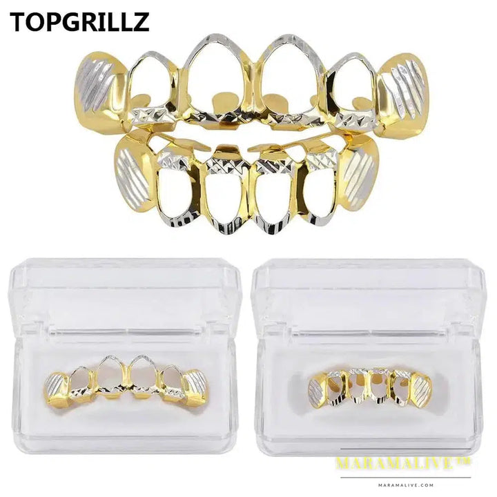 New Gold Silver Color Hollow Open Dlampnd Cut 6 Teeth Top & Bottom Grills Braces Caps Hip Hop GRILLZ Set Party Jewelry