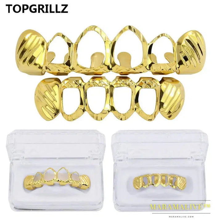 New Gold Silver Color Hollow Open Dlampnd Cut 6 Teeth Top & Bottom Grills Braces Caps Hip Hop GRILLZ Set Party Jewelry