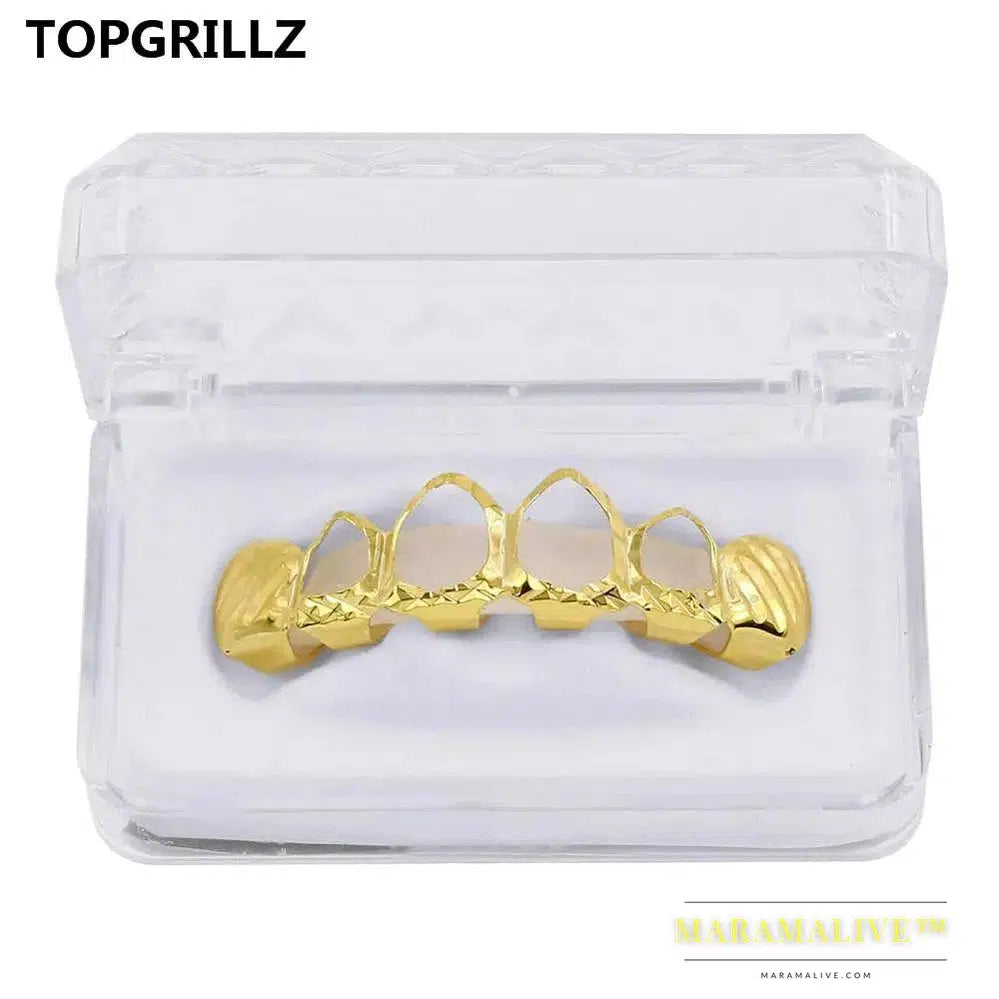 New Gold Silver Color Hollow Open Dlampnd Cut 6 Teeth Top & Bottom Grills Braces Caps Hip Hop GRILLZ Set Party Jewelry