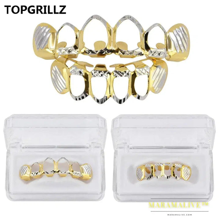 New Gold Silver Color Hollow Open Dlampnd Cut 6 Teeth Top & Bottom Grills Braces Caps Hip Hop GRILLZ Set Party Jewelry