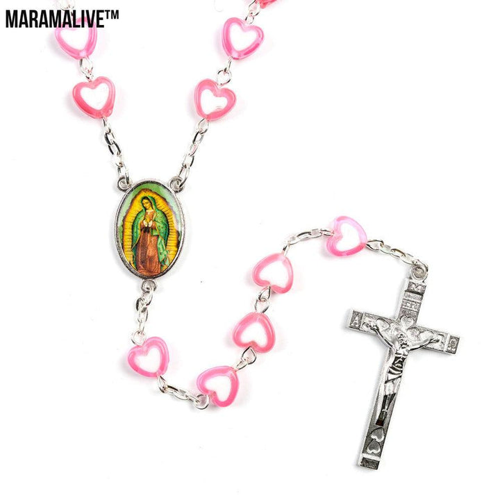 New Heart-Shaped Acrylic Rosary Necklace