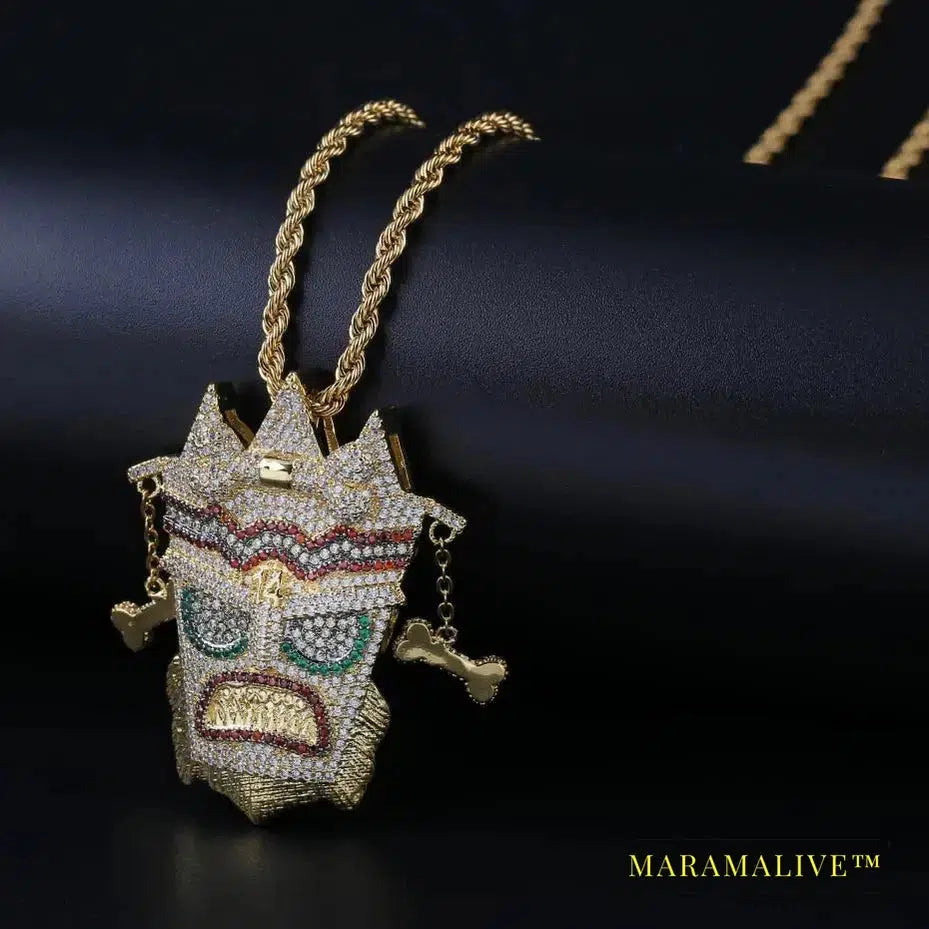 New Iced Out UKA Mask Solid Pendant Necklace Men's Micro Paved Hip Hop Gold Silver Color Bling Charm Chains Jewelry