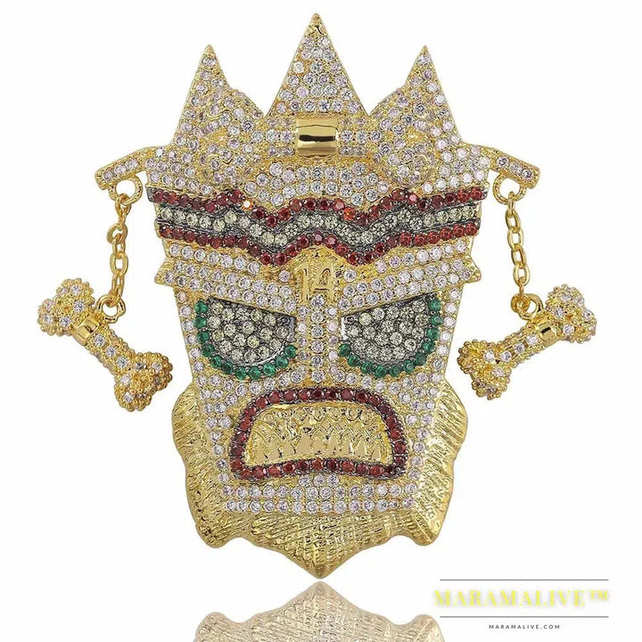 New Iced Out UKA Mask Solid Pendant Necklace Men's Micro Paved Hip Hop Gold Silver Color Bling Charm Chains Jewelry