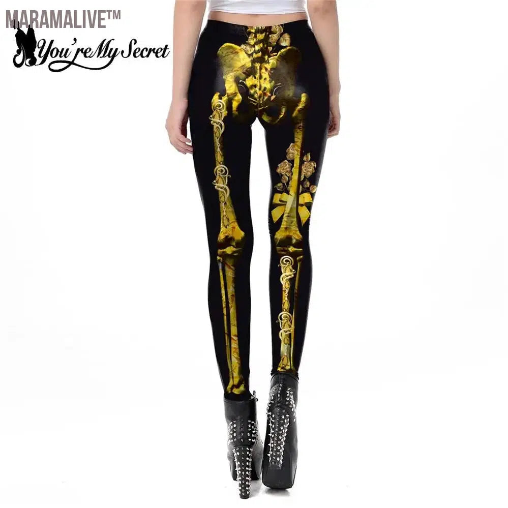 New Leggings For Fitness Gold Skeleton Gothic Legging Mid Waist Female Trousers High Elastic PUSH UP Leggins