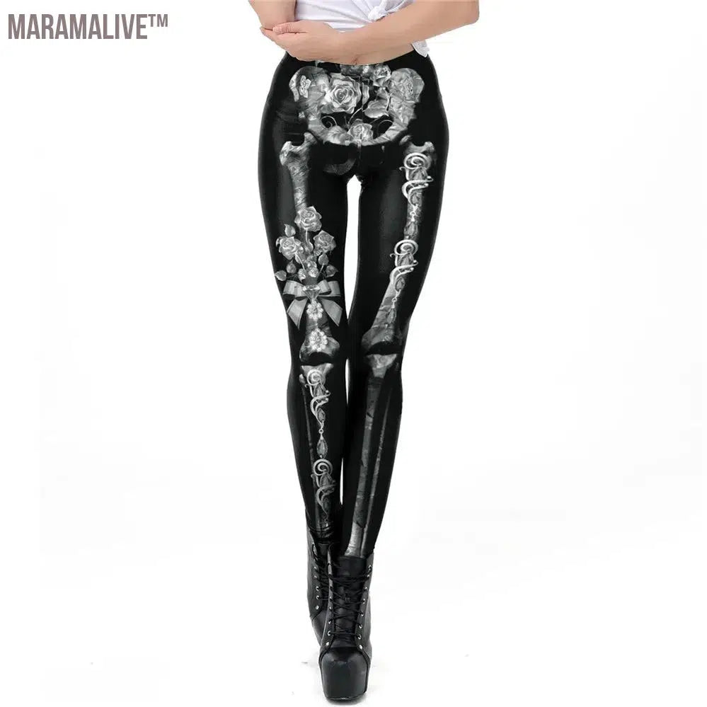 New Leggings For Fitness Gold Skeleton Gothic Legging Mid Waist Female Trousers High Elastic PUSH UP Leggins