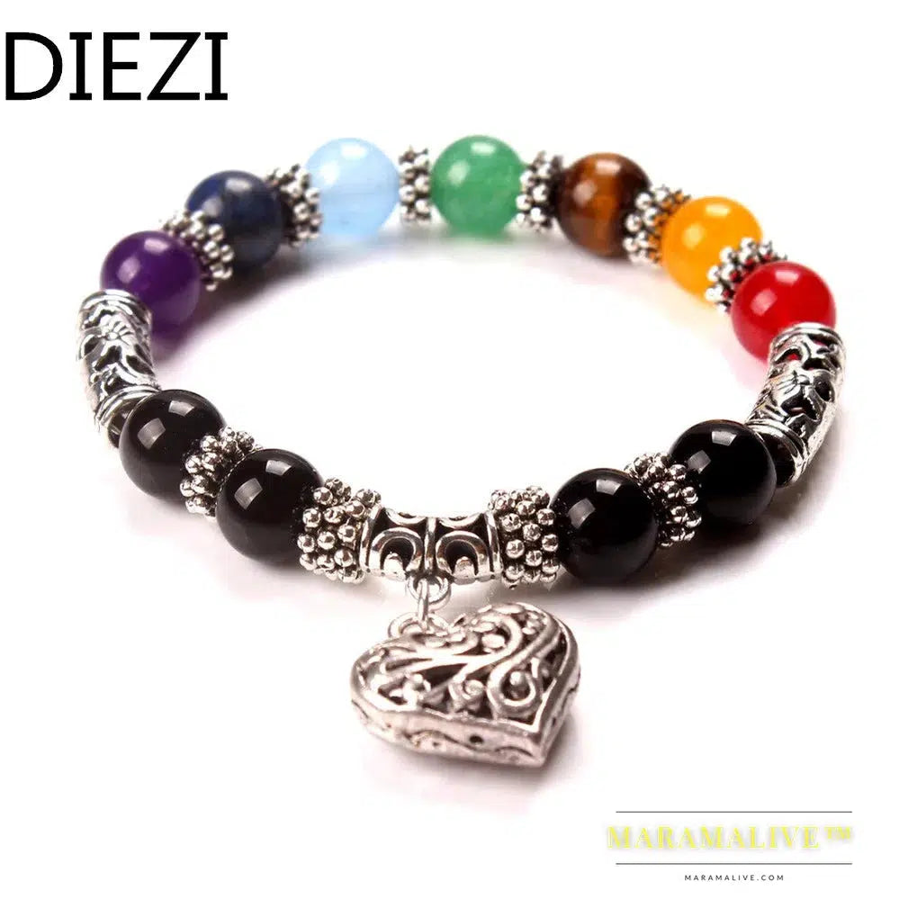 New Men Women 7 Chakra Bracelets Bangles Colors Mixed Healing Crystals Stone Chakra Pray Mala Heart Charm Bracelet Jewelry