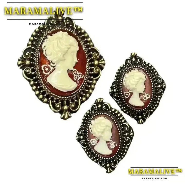 New Middle Vintage Western Antique Cameo Red Earrings, Brooch Relief, Palace Style Jewelry Stud Earrings