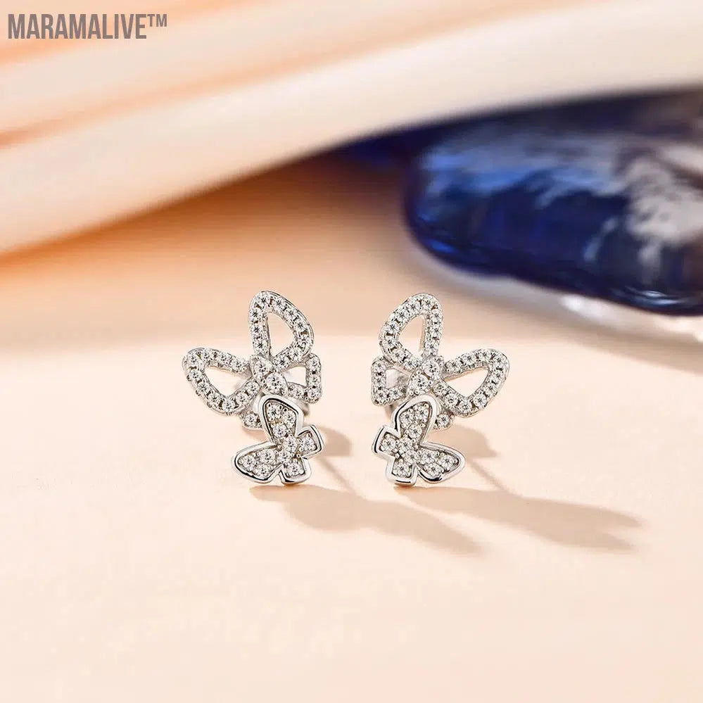 New Moissanite Earrings Butterfly Suit Stud Earrings for Women 925 Sterling Silver Sparkling Wedding Jewelry