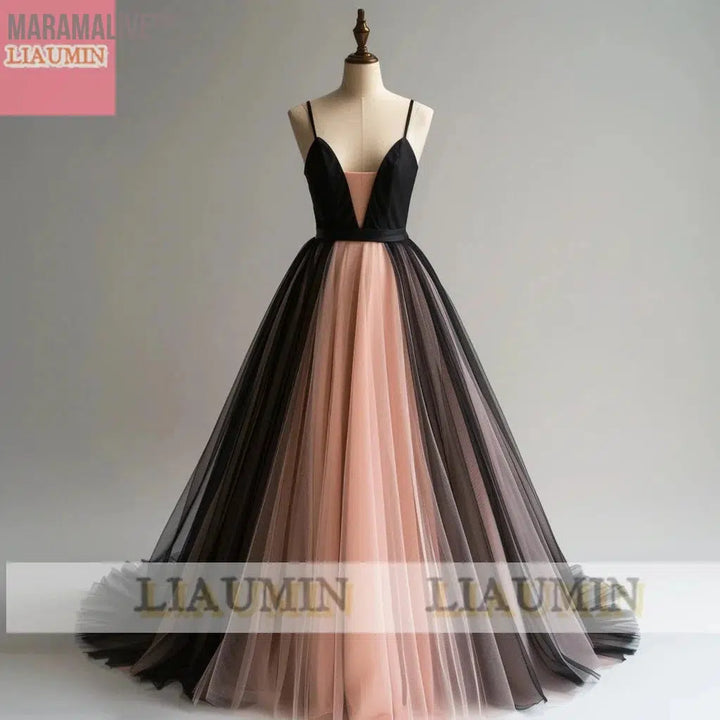 New Pink And Black Tulle Floor Length Strap Lace Up Back Evening Dress Formal Party Prom Princess Skirt Hand Made Custom W15-14