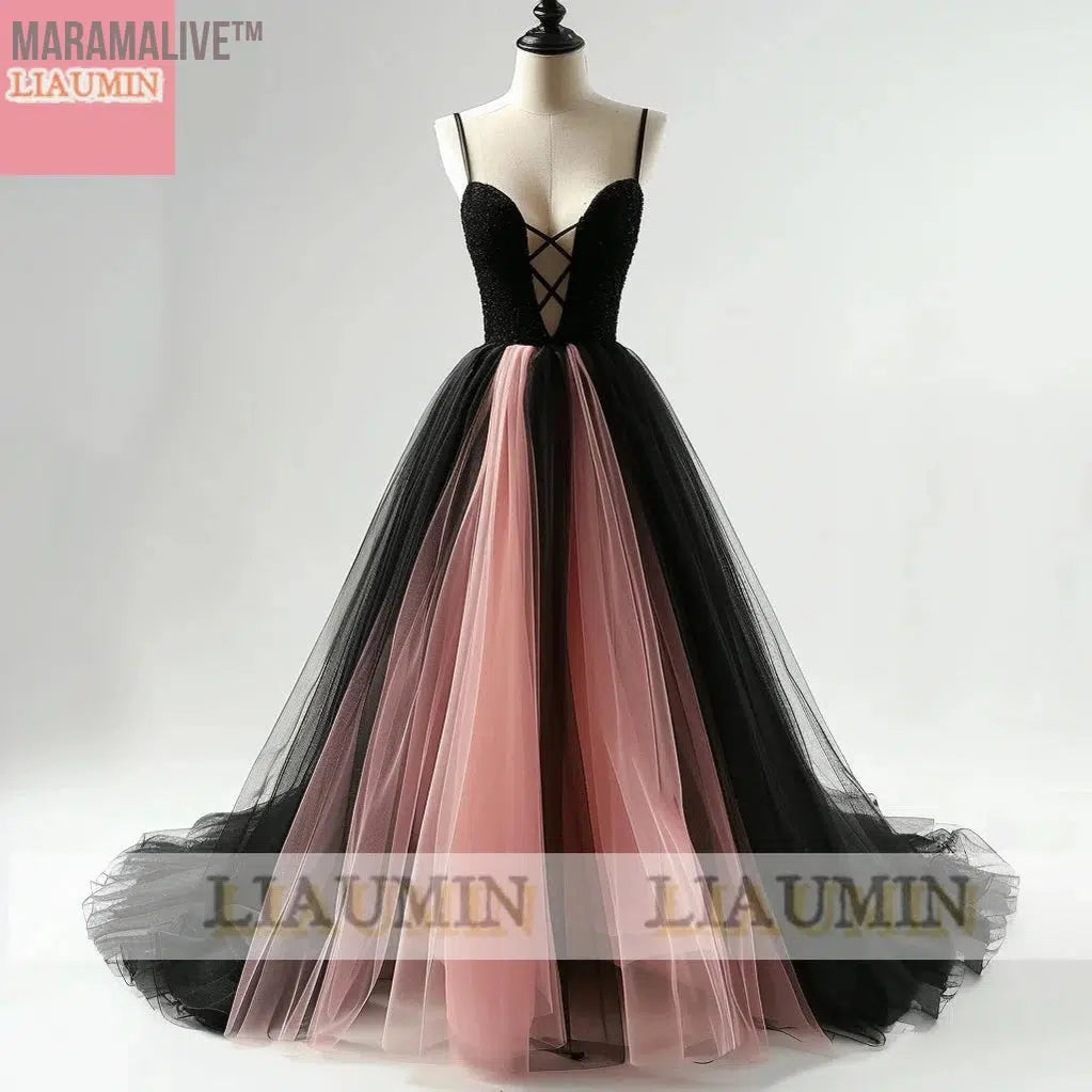 New Pink And Black Tulle Floor Length Strap Lace Up Back Evening Dress Formal Party Prom Princess Skirt Hand Made Custom W15-14