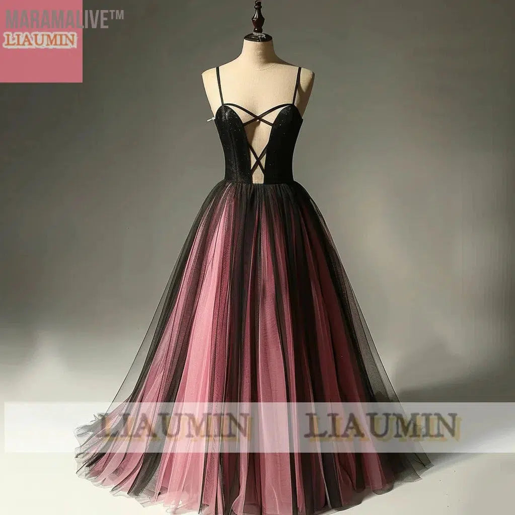 New Pink And Black Tulle Floor Length Strap Lace Up Back Evening Dress Formal Party Prom Princess Skirt Hand Made Custom W15-14