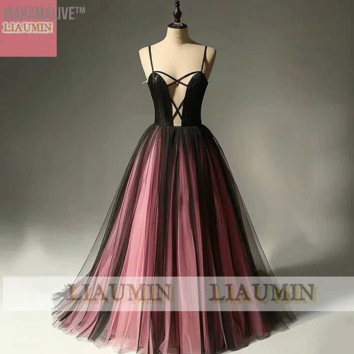 New Pink And Black Tulle Floor Length Strap Lace Up Back Evening Dress Formal Party Prom Princess Skirt Hand Made Custom W15-14