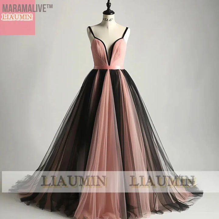 New Pink And Black Tulle Floor Length Strap Lace Up Back Evening Dress Formal Party Prom Princess Skirt Hand Made Custom W15-14