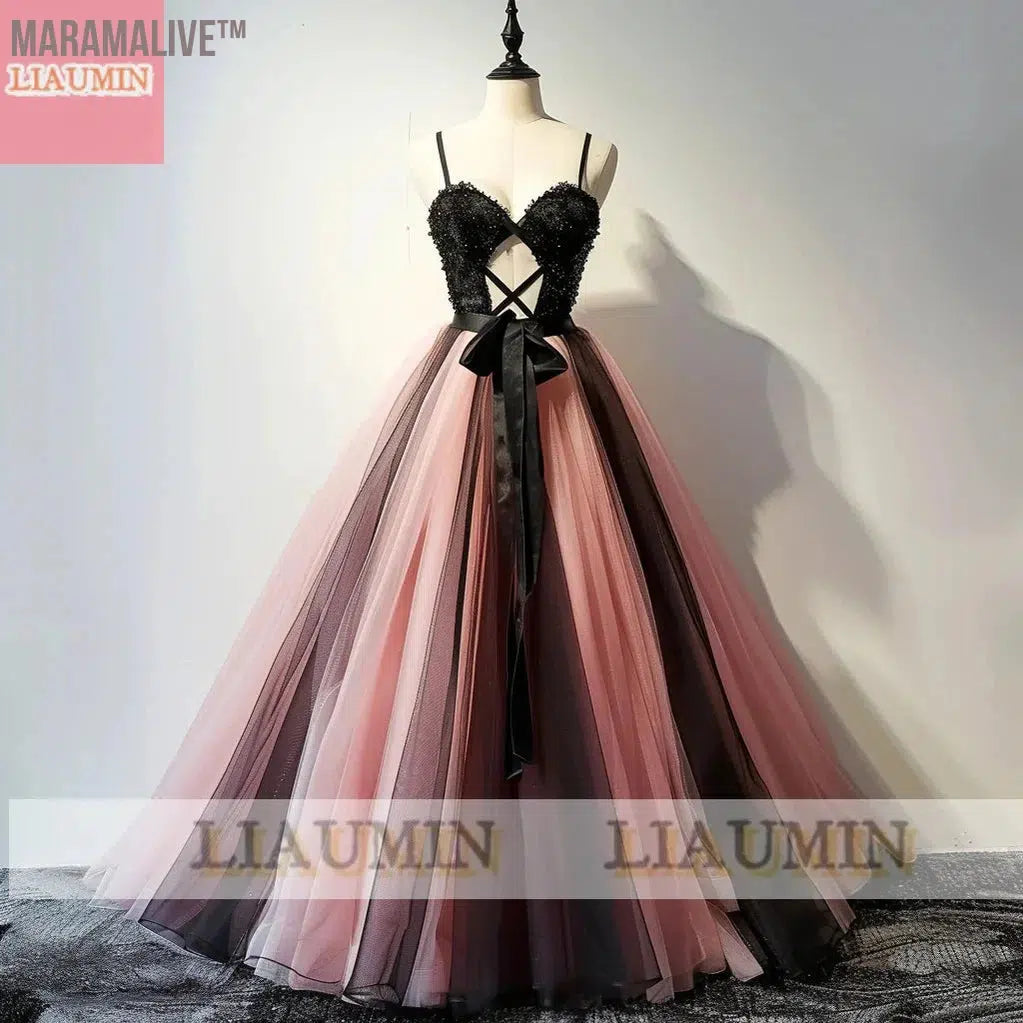 New Pink And Black Tulle Floor Length Strap Lace Up Back Evening Dress Formal Party Prom Princess Skirt Hand Made Custom W15-14