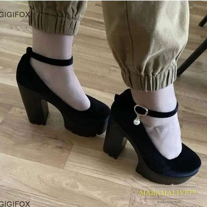 New Platform Chunky Heeled Pumps For Women Velvet Ankle Strappy Block High Heels Shoes Spring Dress Office Mary Janes