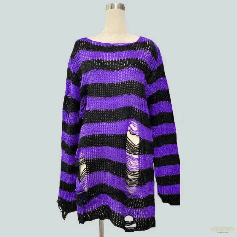 New Punk Gothic Long Sweater Women Dark Aesthetic Striped Pullovers Hollow Out Oversized Grunge Jumpers Emo Alt Clothes Y2k Tops